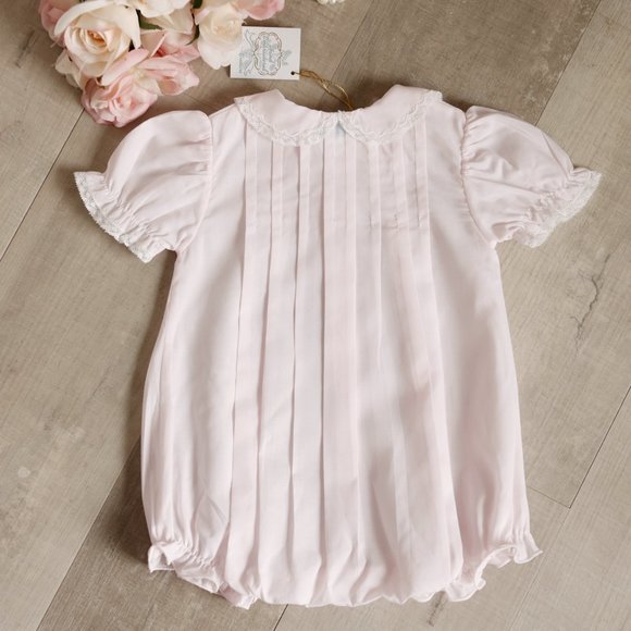GORGEOUS Feltman Brothers Pink Romper Bubble Heirloom Lace Embroidery NWT - Picture 4 of 7